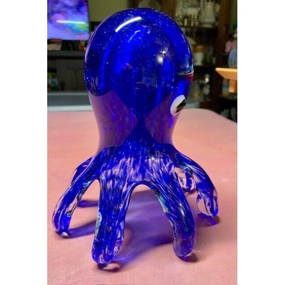 Vtg 7in Glass Hand Blown Blue Clear Octopus Paperweight Sea Creature Ocean Life - Picture 4 of 10